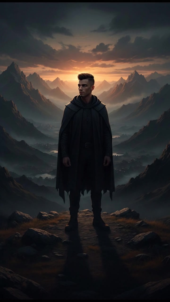 Amir, standing on a hilltop at sunset, overlooking a vast valley with mountains in the background.