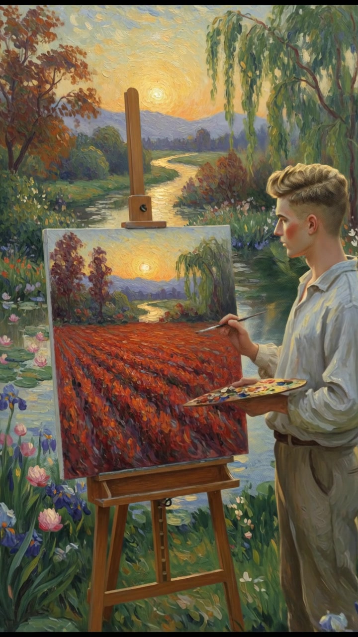 A close-up of Ryan's painting 'The Red Vineyard' displayed on an easel, surrounded by a serene garden.