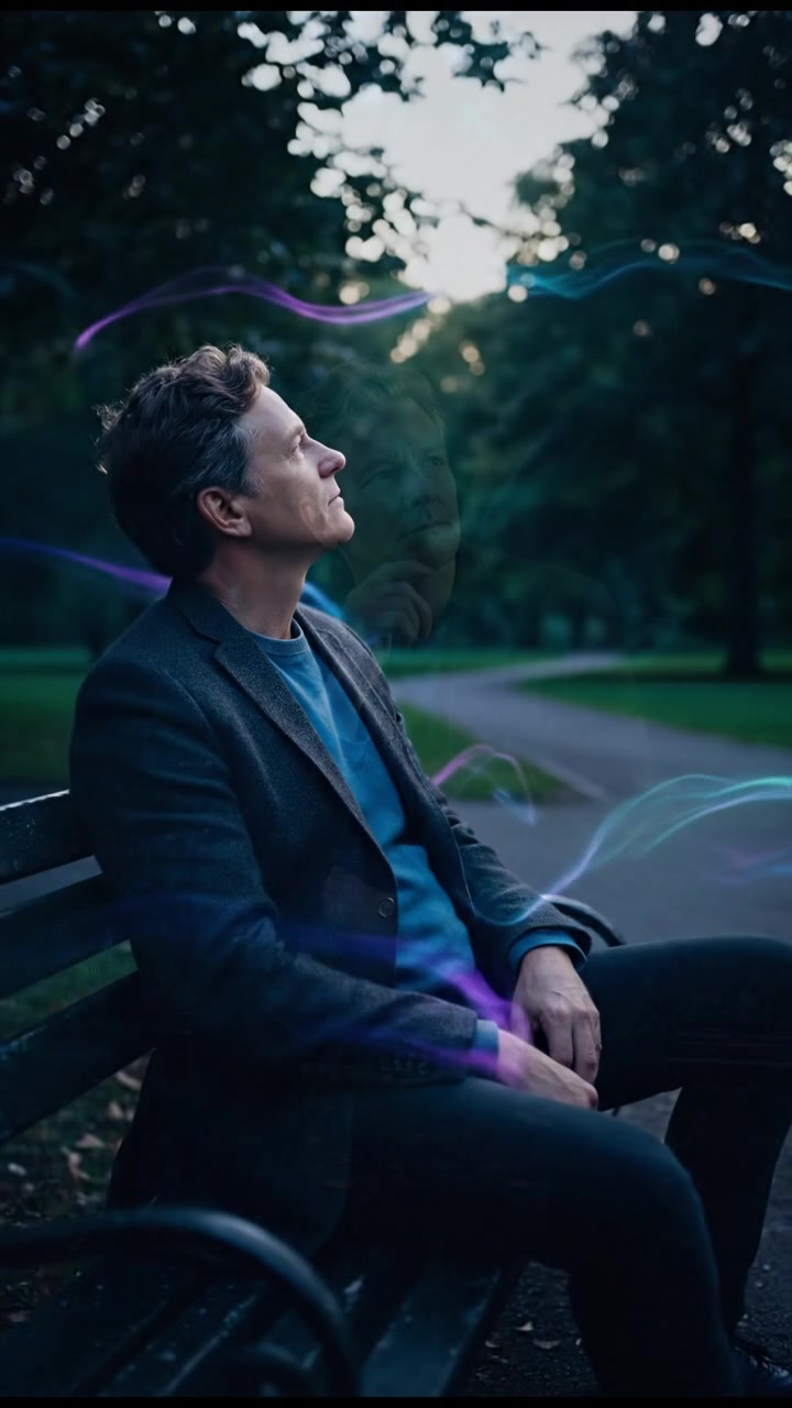 Mark sitting on a park bench, gazing thoughtfully at the scenery around him.