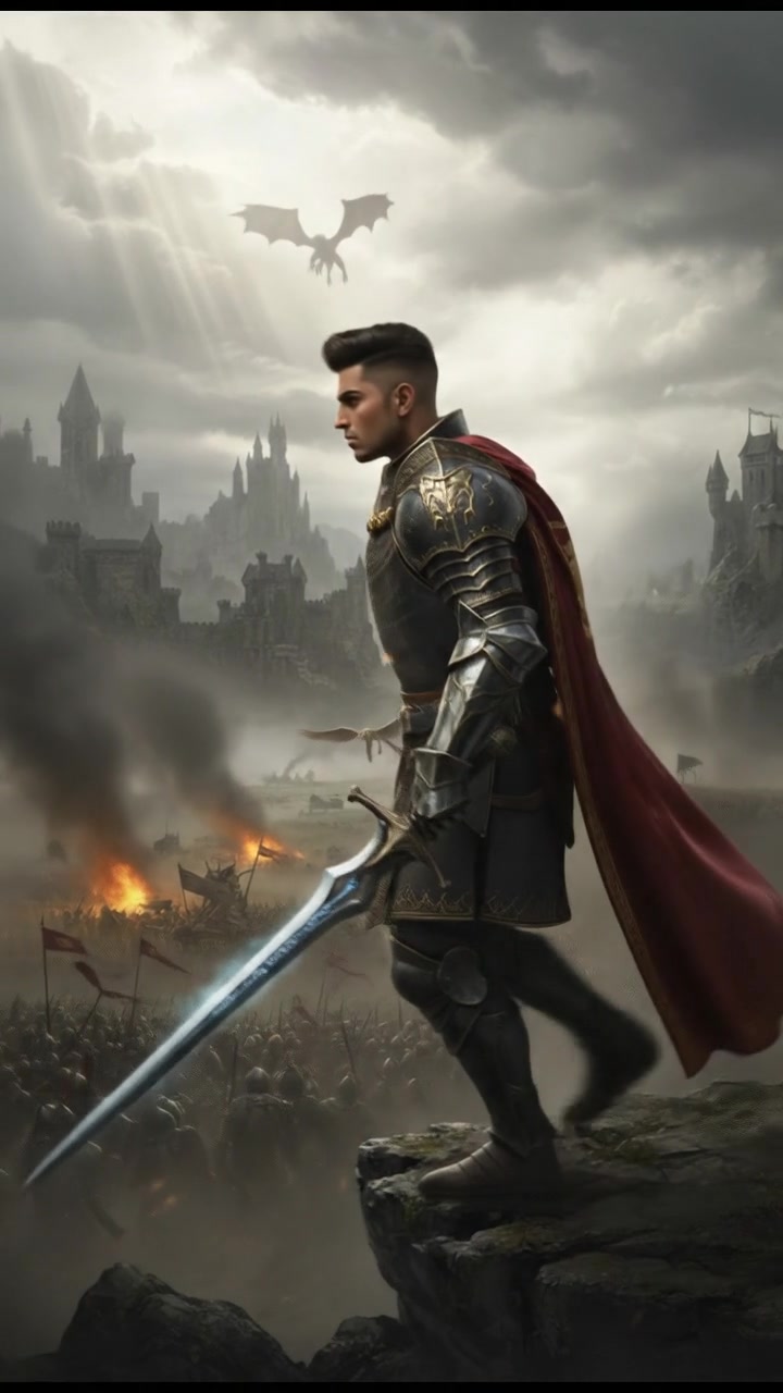 Arjun, looking determined, stands at the edge of a battlefield with his sword drawn, gazing into the horizon.