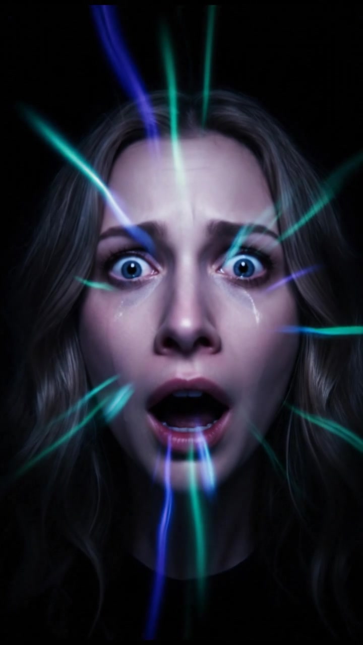 A close-up of Ashley's terrified face, reflecting the shock of what she sees.