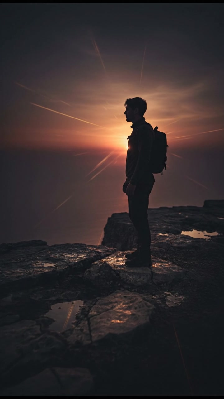 A silhouette of Amir standing on a cliff, gazing at the horizon during sunset.