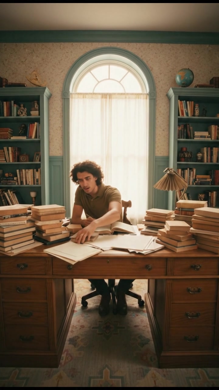 Mateo sitting at a desk cluttered with papers, looking frustrated as he studies.