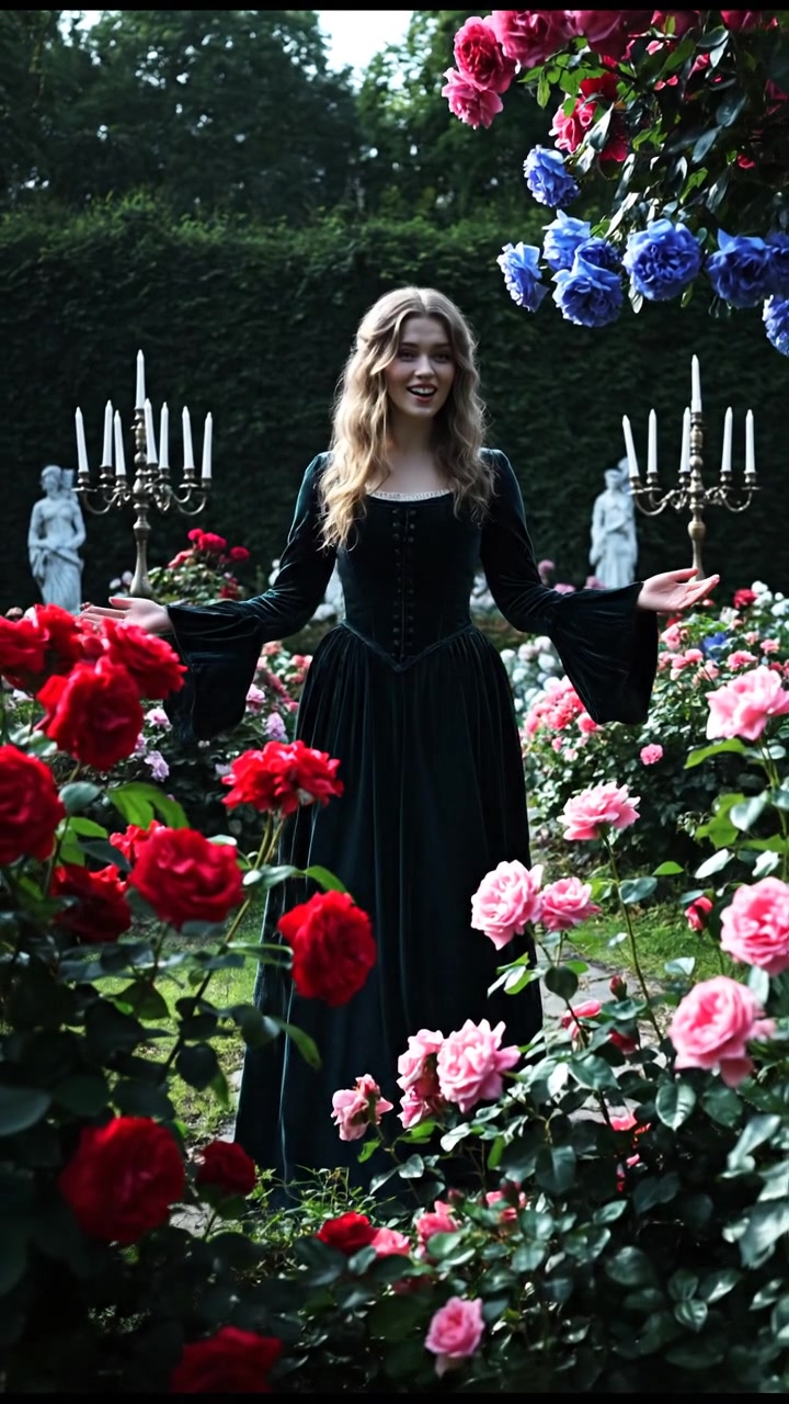 Ashley stands in a private garden filled with colorful flowers and lush greenery.