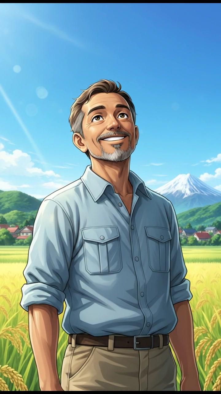 Raj standing in a lush field of crops, smiling and looking up at a clear blue sky.