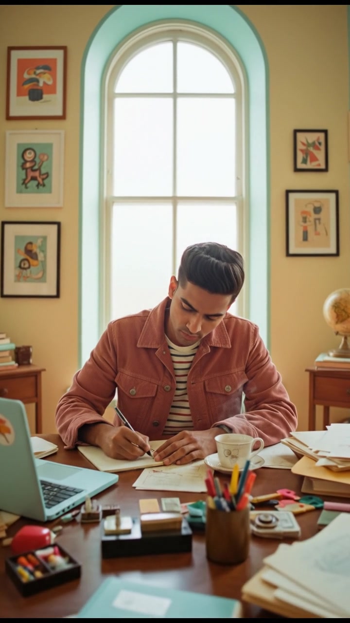 Arjun writes on a notepad at a desk cluttered with papers and a laptop, deep in concentration.