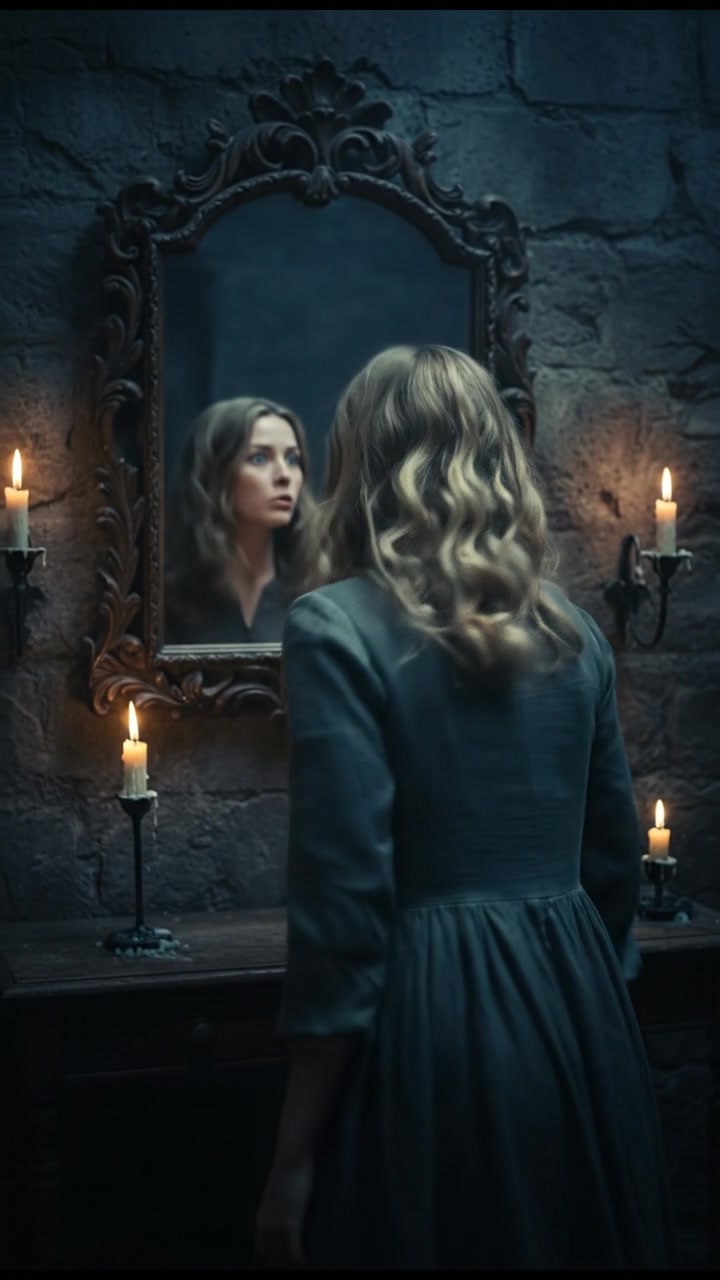 Ashley's surprised face as she looks back at the mirror, noticing her normal reflection again.