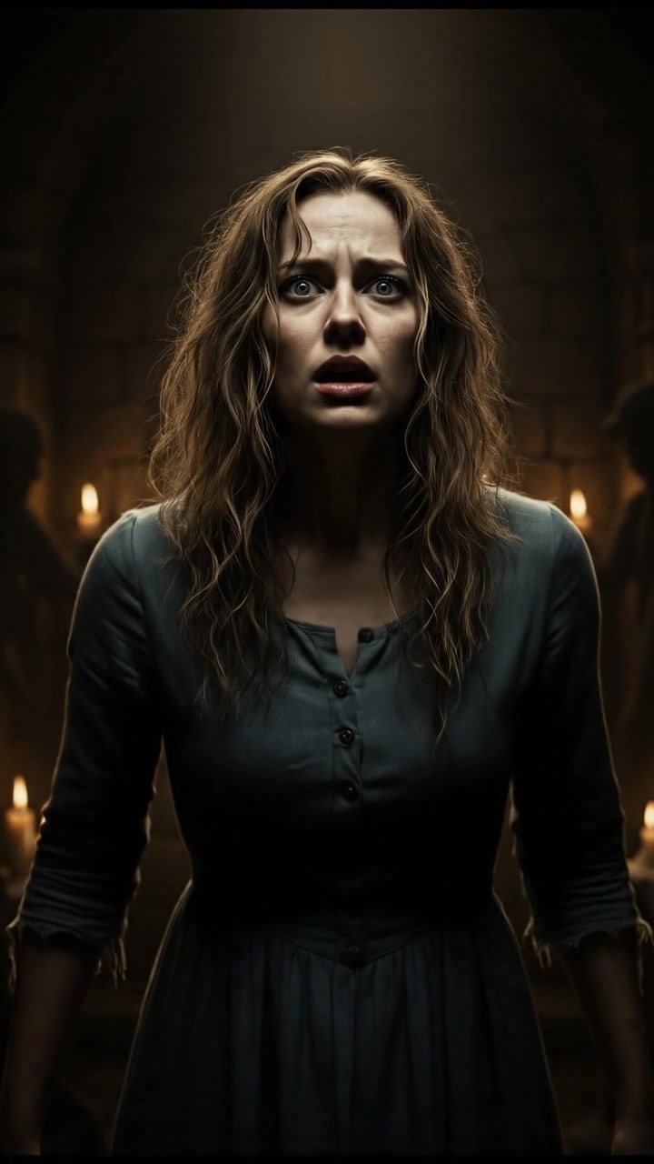 Ashley stands frozen in fear, her eyes wide, struggling to breathe.