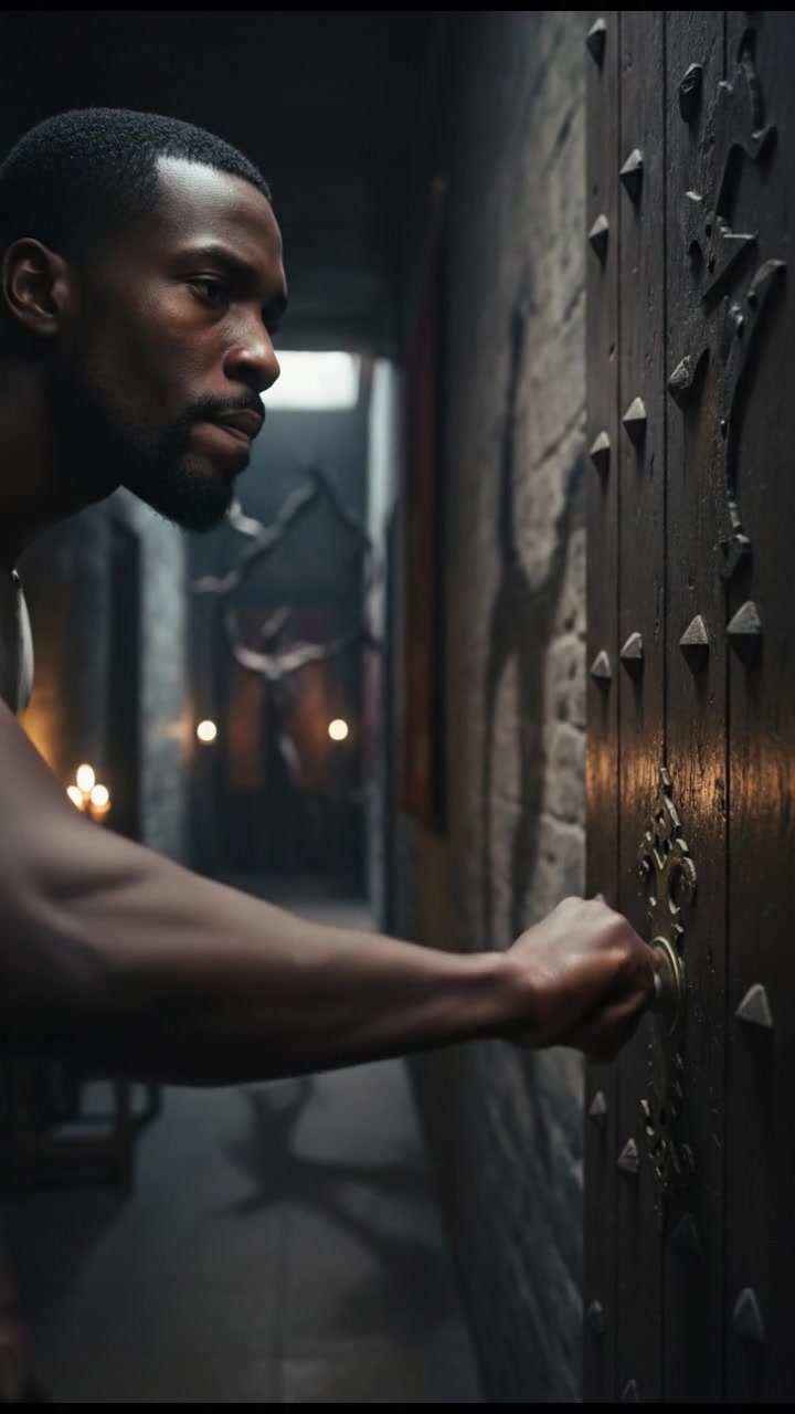 Isaiah taking a deep breath and grasping the doorknob with determination, ready to open the door.
