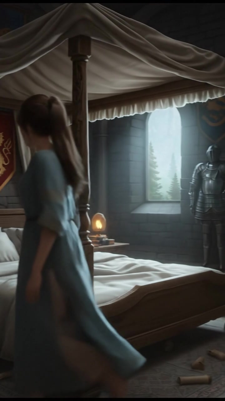 Mei sitting up in bed, looking confused while glancing around her room.