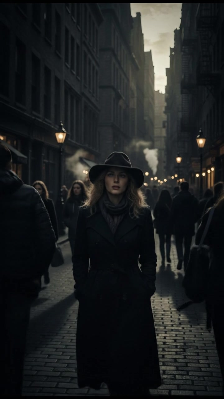 Ashley walking on a busy city street, surrounded by tall buildings and bustling pedestrians.