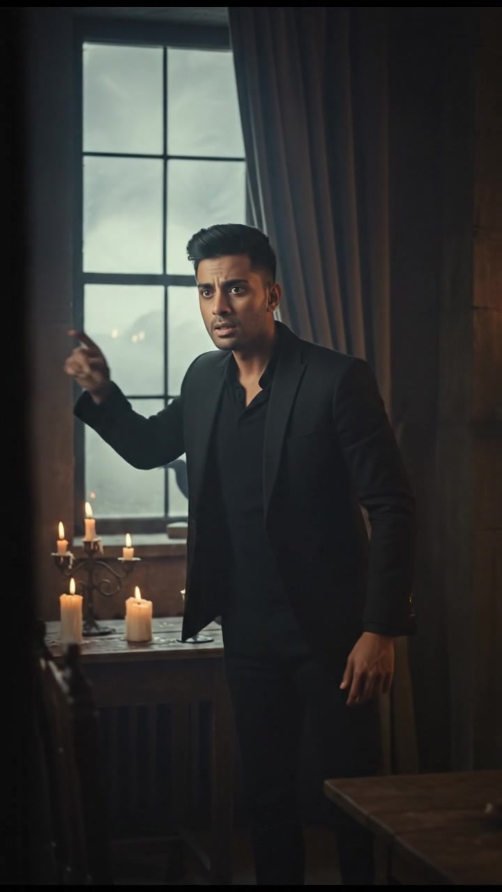 Arjun stands inside the room, looking worried, with a finger pointing outward towards the window.