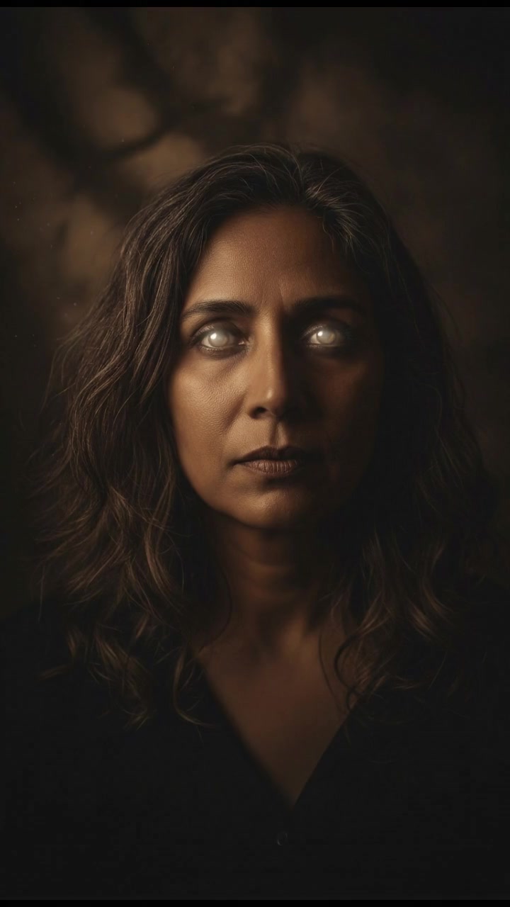 A close-up of the Asha's face with bright, shining eyes, illuminated by a soft light in a dark room.