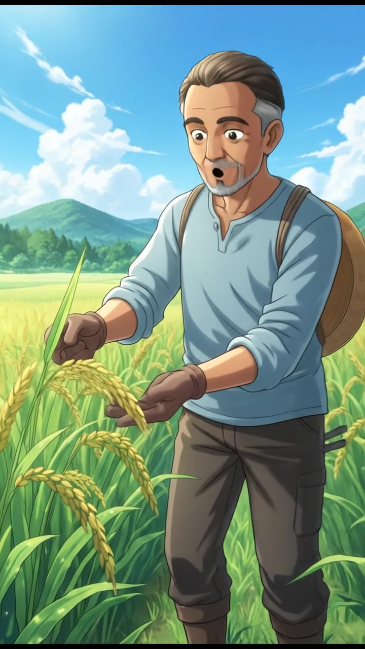 Raj standing in a lush green field, inspecting his thriving crops under a clear blue sky.