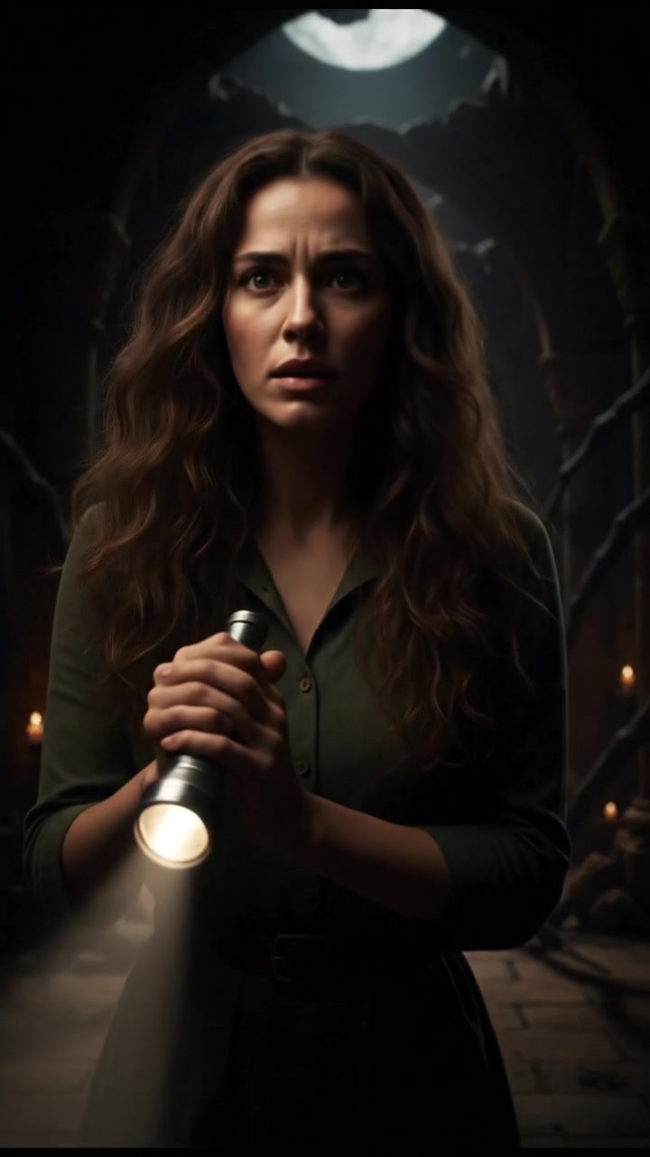 Maya holding a flashlight in her shaky hands, looking determined and anxious.