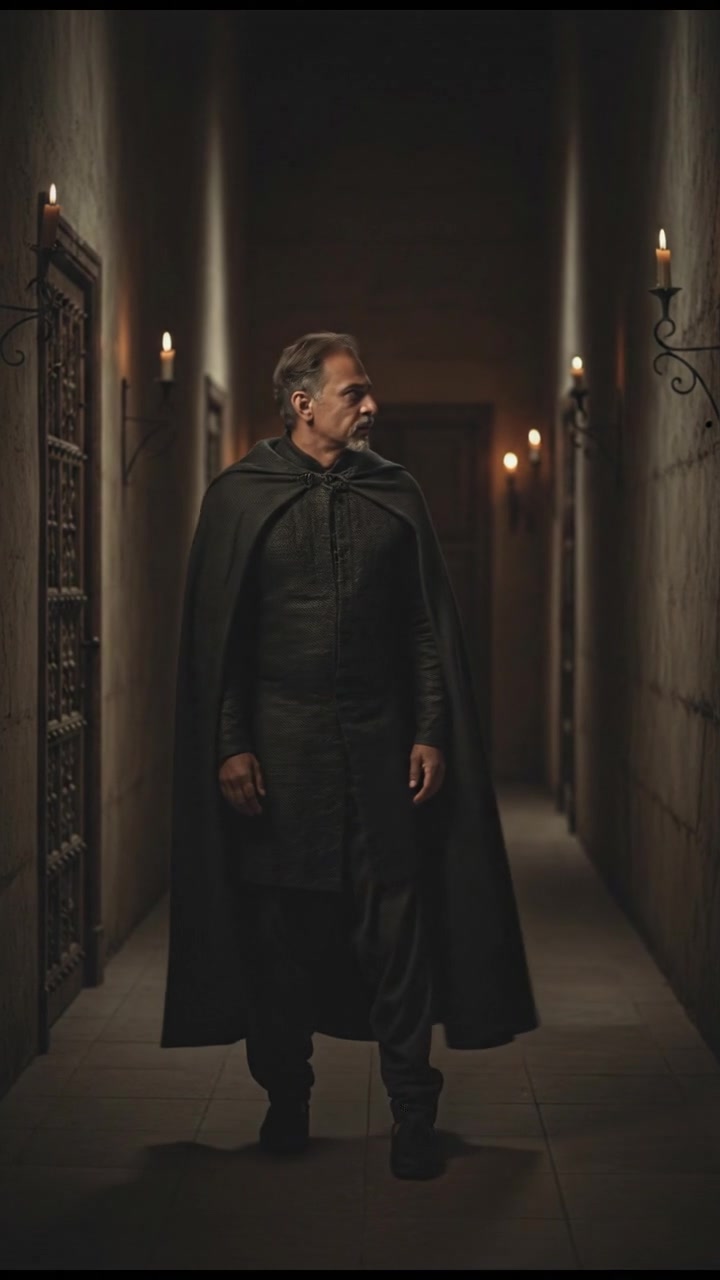 Raj standing in the corridor, looking around with a cautious expression.