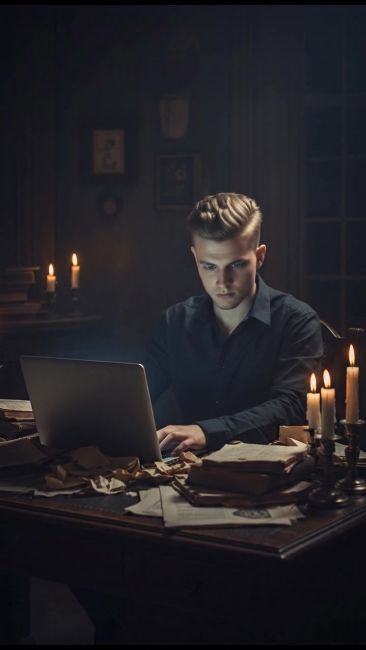 Ryan, seated at a desk, surrounded by papers and a laptop, looking focused and determined.