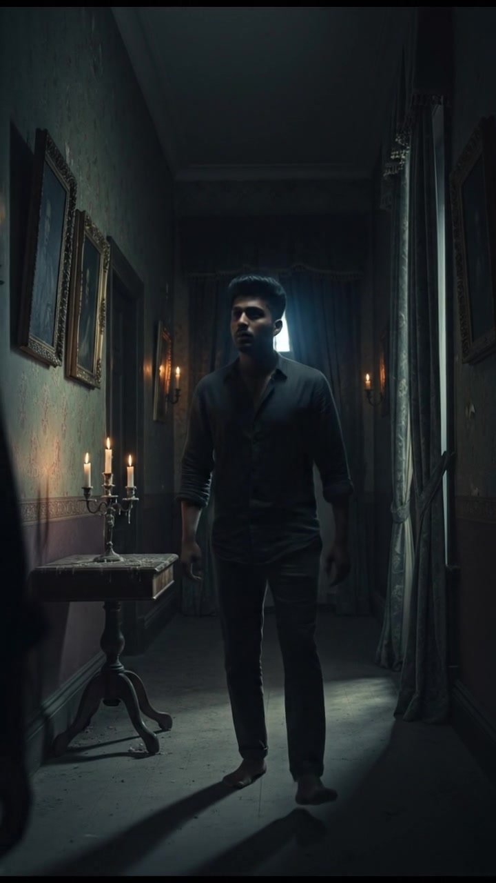 The hallway of the house, showing Arjun startled by a whisper in the air.