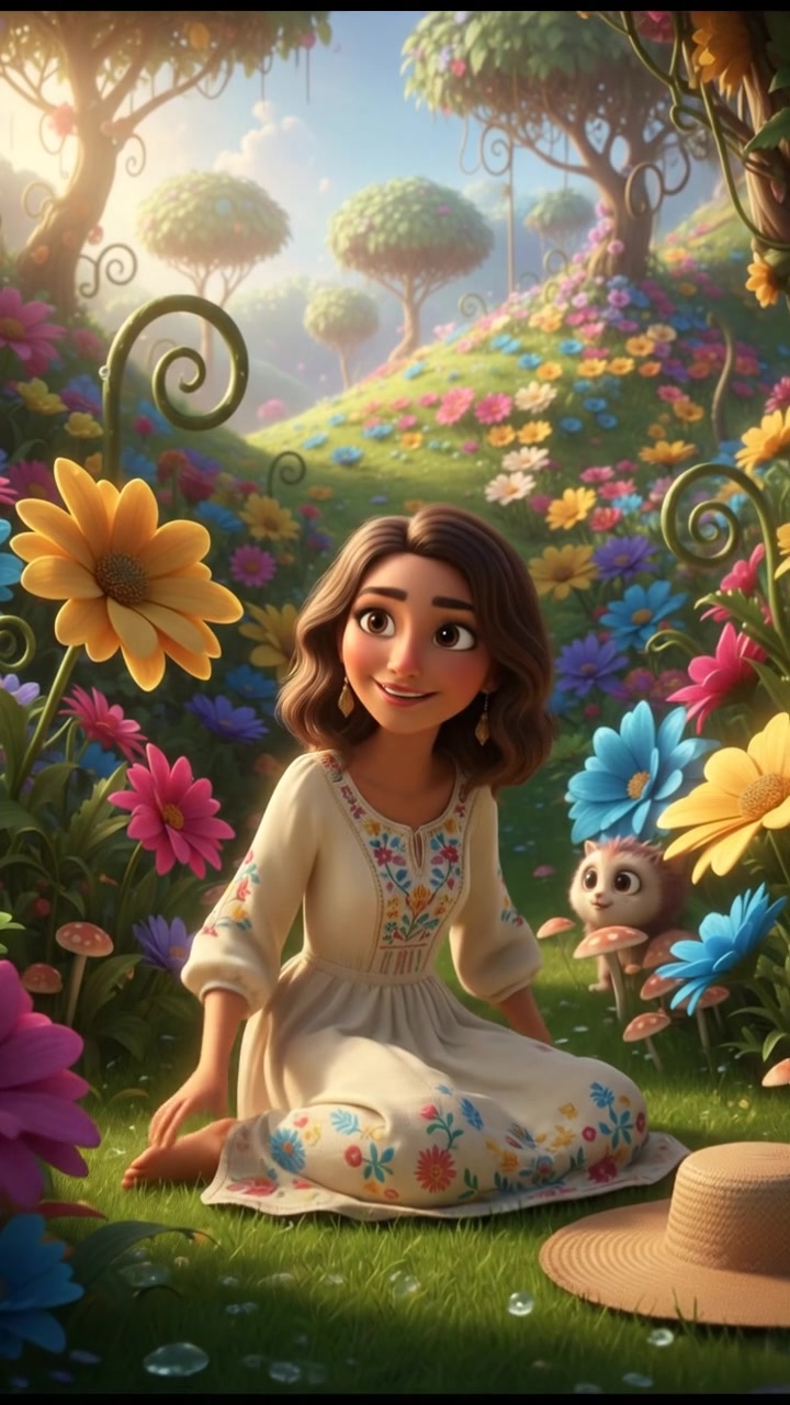 Laila sitting on the grass in a lush garden, surrounded by blooming flowers and greenery.