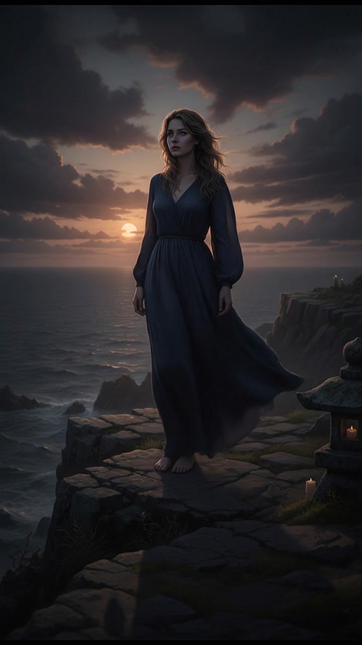 Ashley stands alone on a cliff overlooking a vast ocean during sunset, deep in thought.