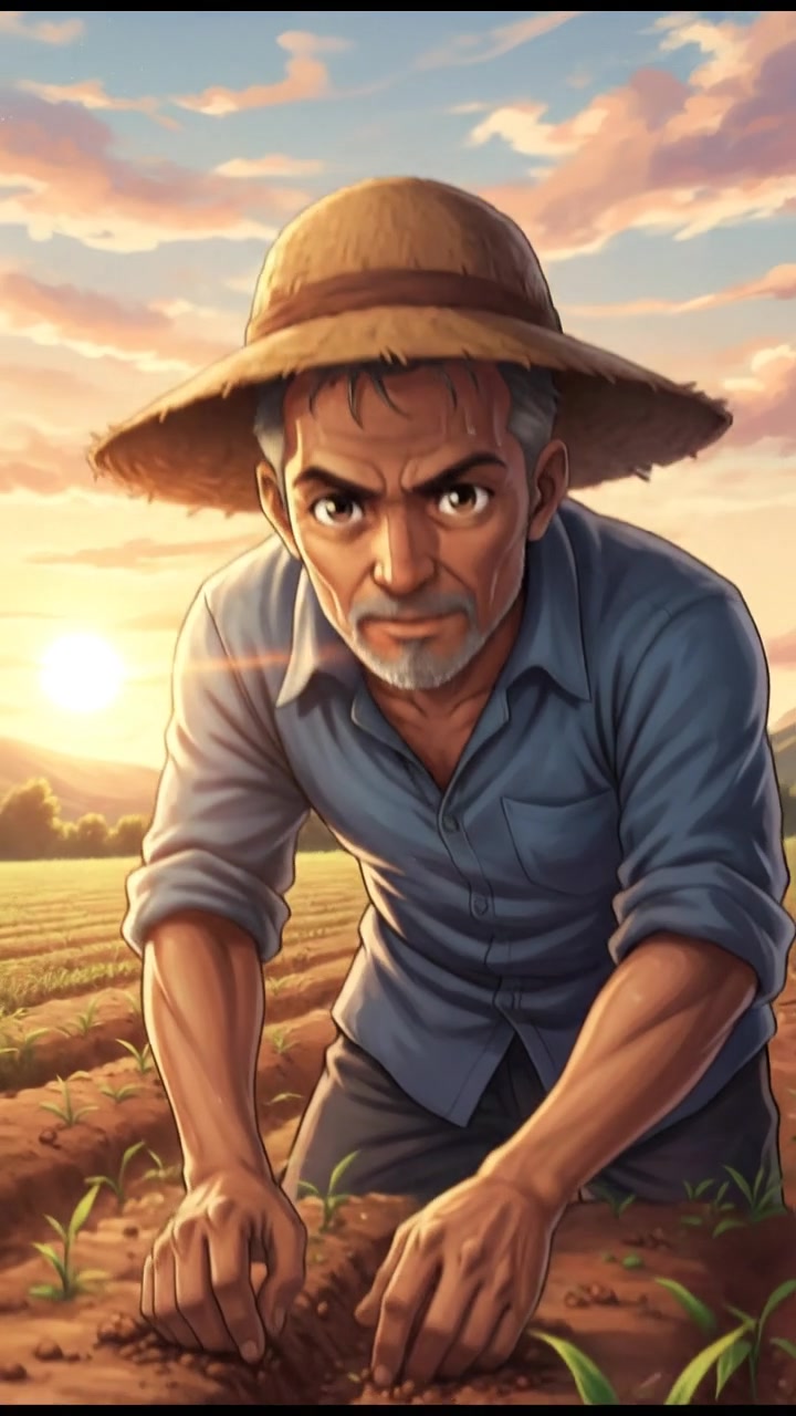 A close-up of Raj working hard in the fields, planting seeds under the morning sun.