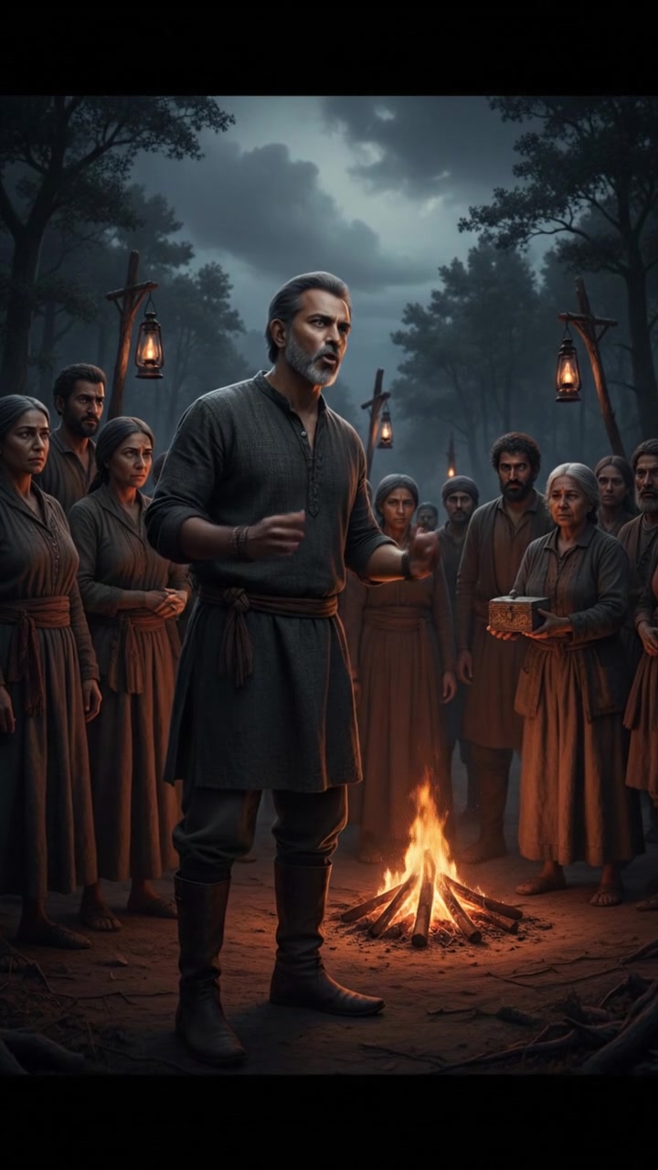 Raj standing in front of a group of villagers, looking curious and engaged.