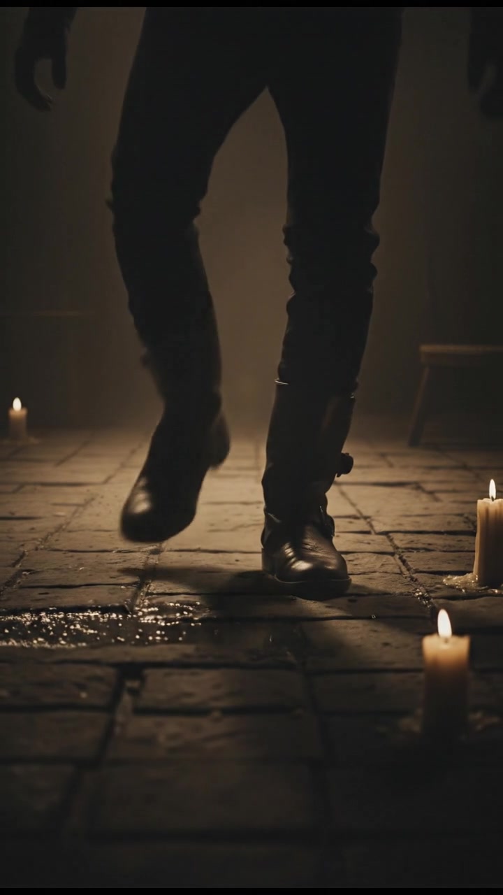 A close-up of Arjun's feet as he loses balance, stepping back in fear.