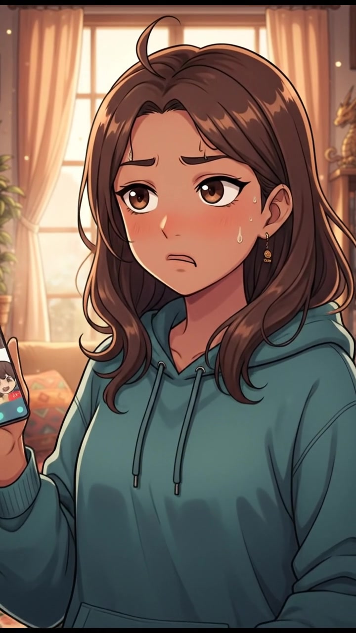 Priya holding her phone, looking unimpressed while engaged in the conversation with her family.