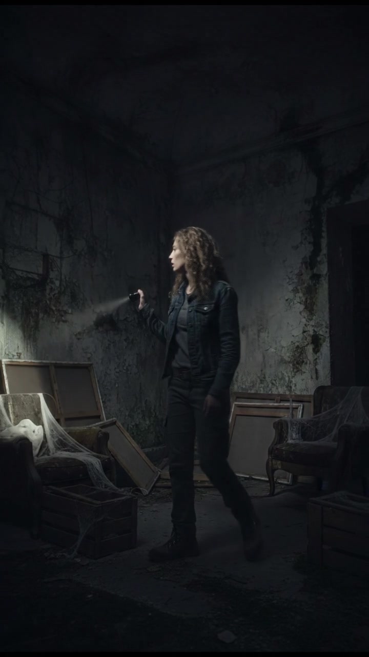 Ashley calls out into the darkness, her flashlight illuminating a shadowy corner of the room.