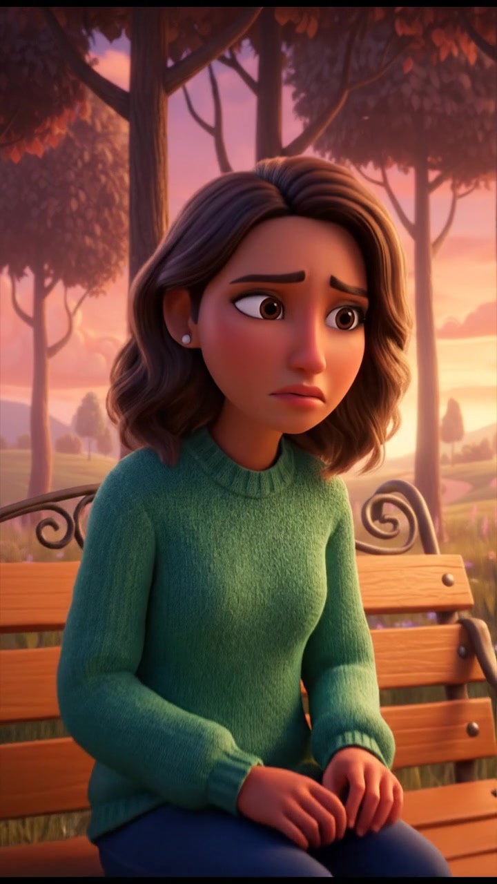 Laila sitting on a park bench, looking anxious, with trees swaying gently in the background.