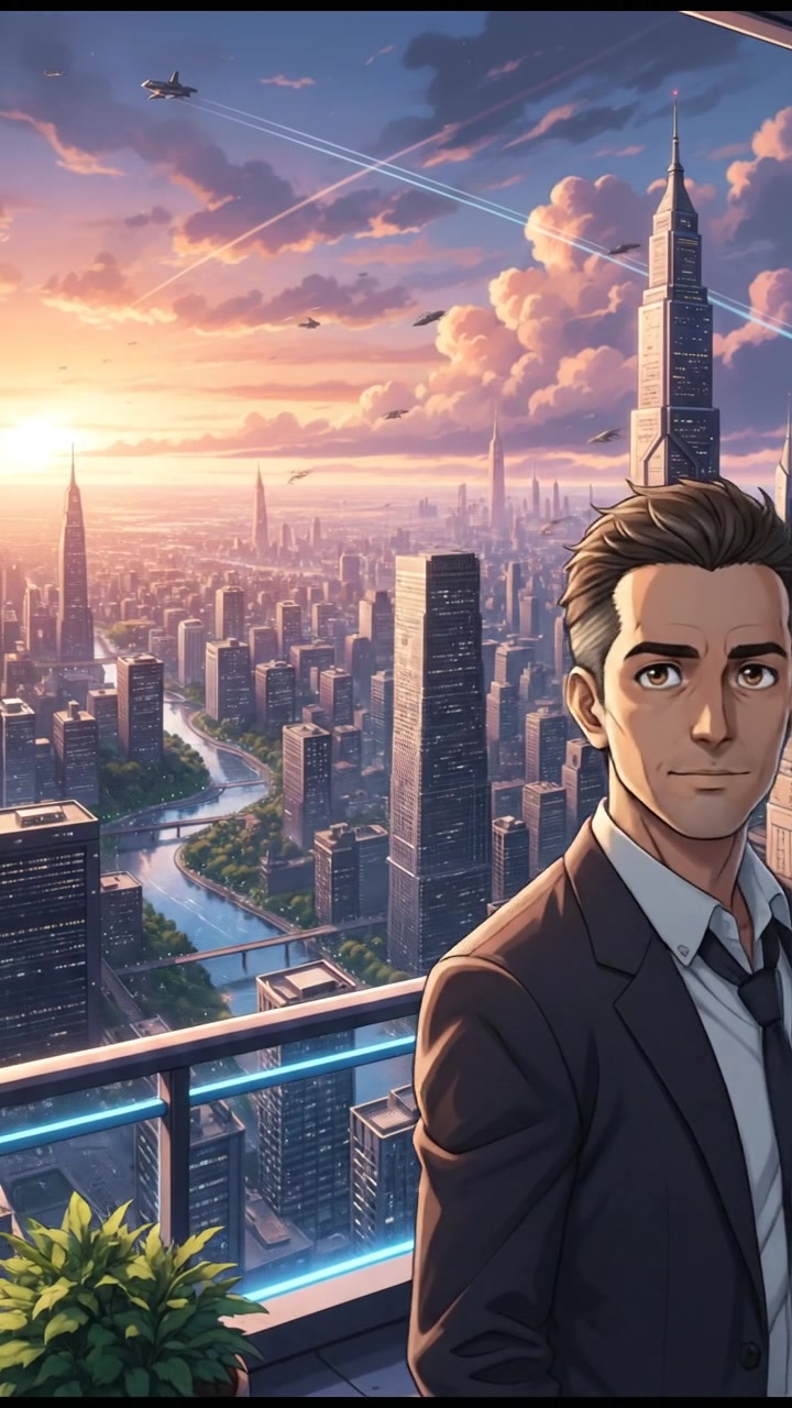 Omar standing alone on a balcony of a skyscraper, looking out at the city.