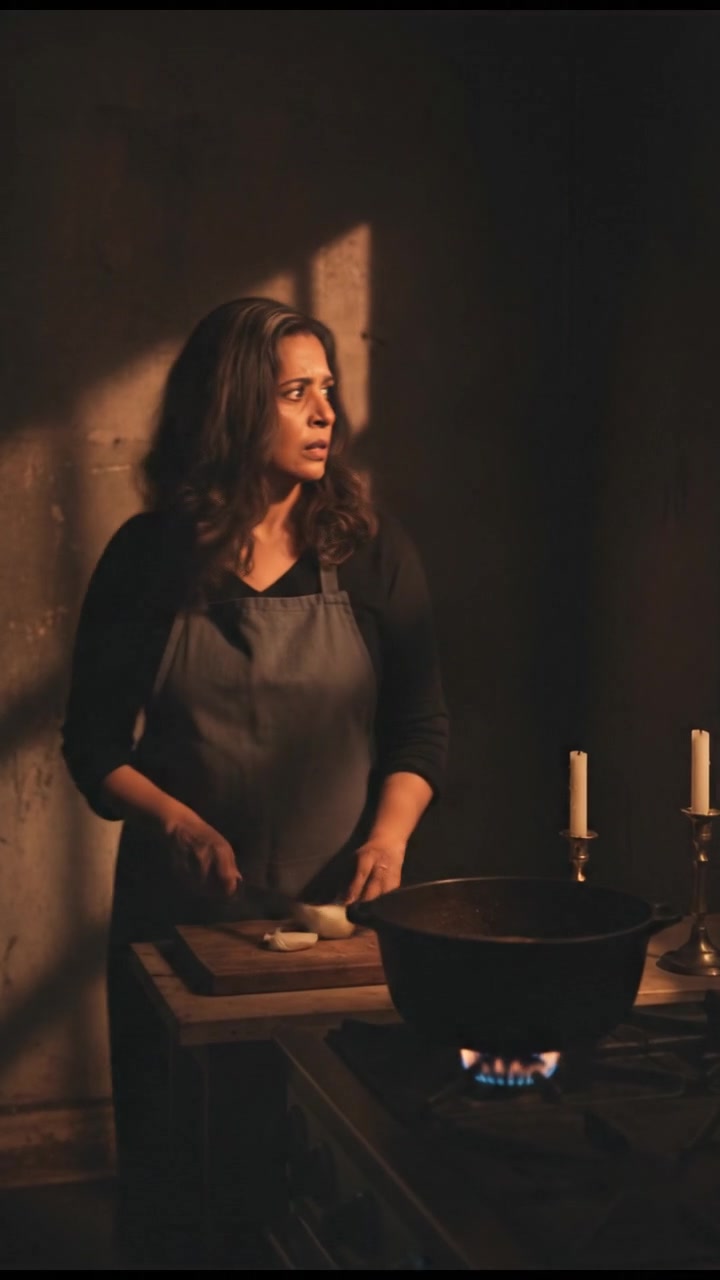 Asha, standing in the kitchen, looking worried while preparing dinner.