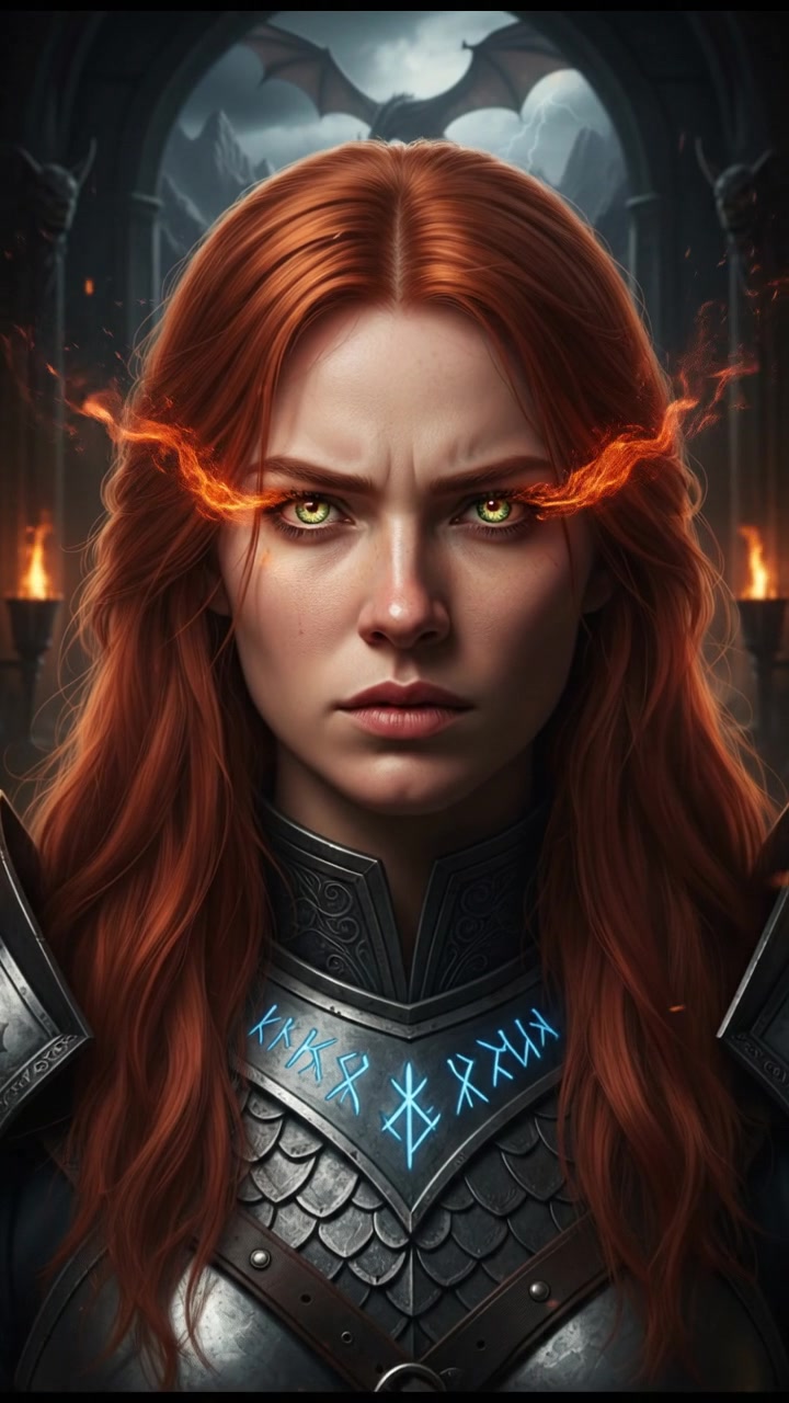A close-up of Emma's determined face, her green eyes glowing with fiery intensity.