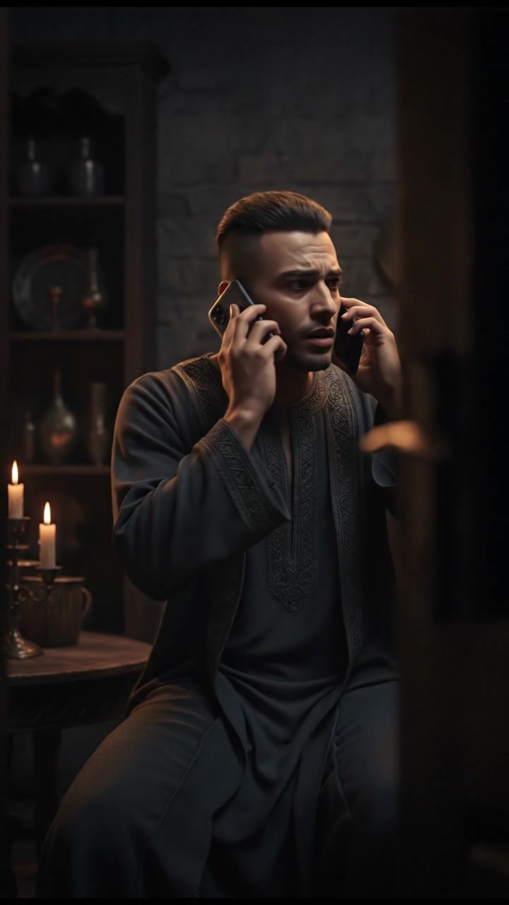 The Amir anxiously holding the phone again, a worried expression on his face, body tense.