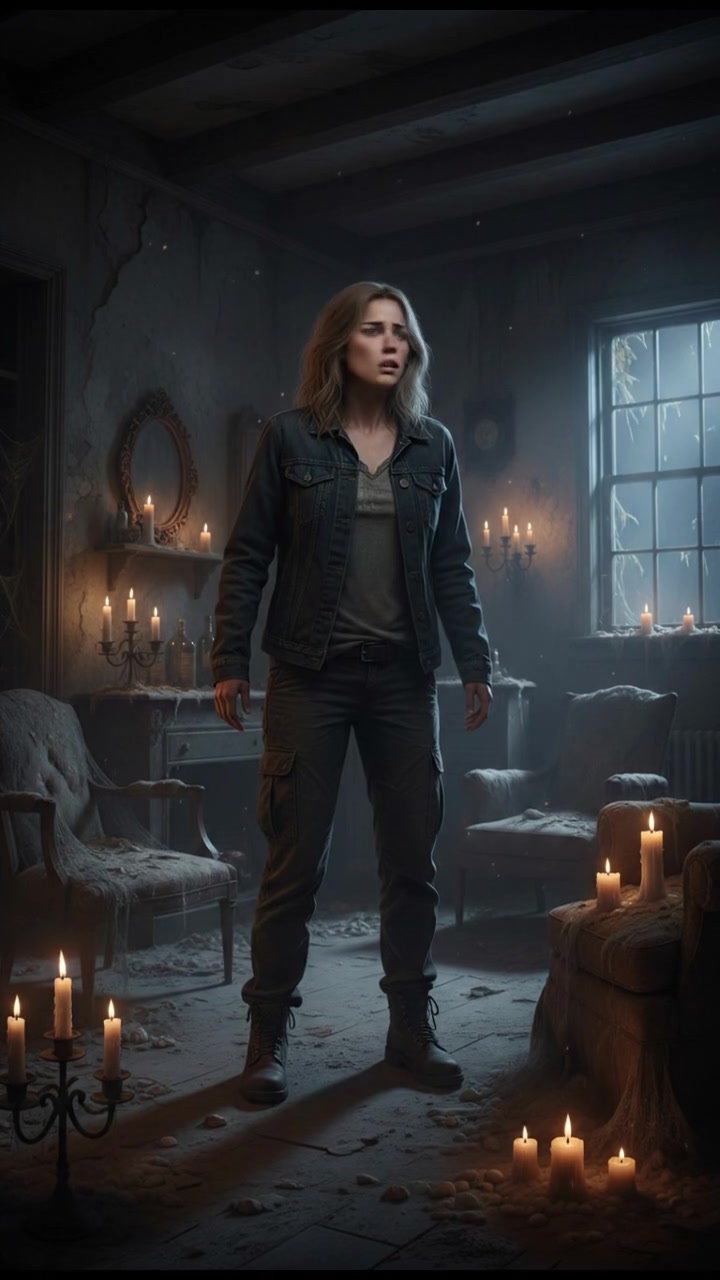 Ashley looking around the dark, dusty interior with a frightened expression.