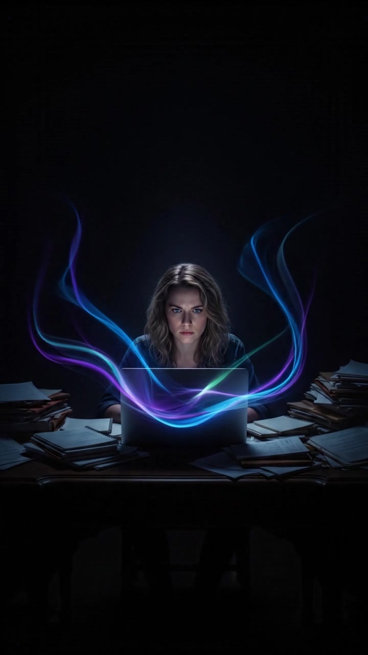 Ashley sitting at a desk, surrounded by papers and a laptop, focused on her work.