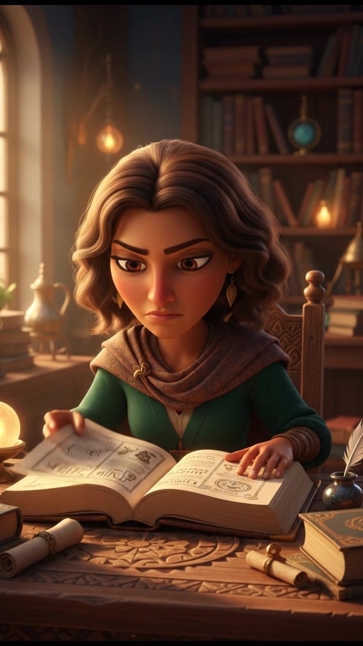 Close-up of the Laila, with a serious expression, sitting at a wooden table with an open book in front of her.