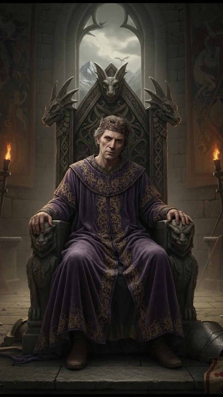 Mark sitting alone on a throne, looking weak and sick in a dimly lit throne room.