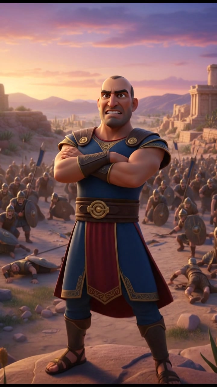 Carlos, with arms crossed, shouting defiantly at the Israelite army, who are cowering in the background.