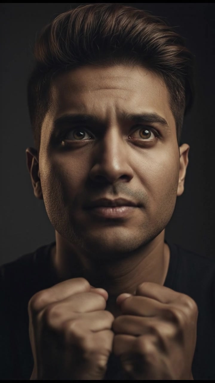 A close-up of Arjun looking hopeful while clenching his fists.