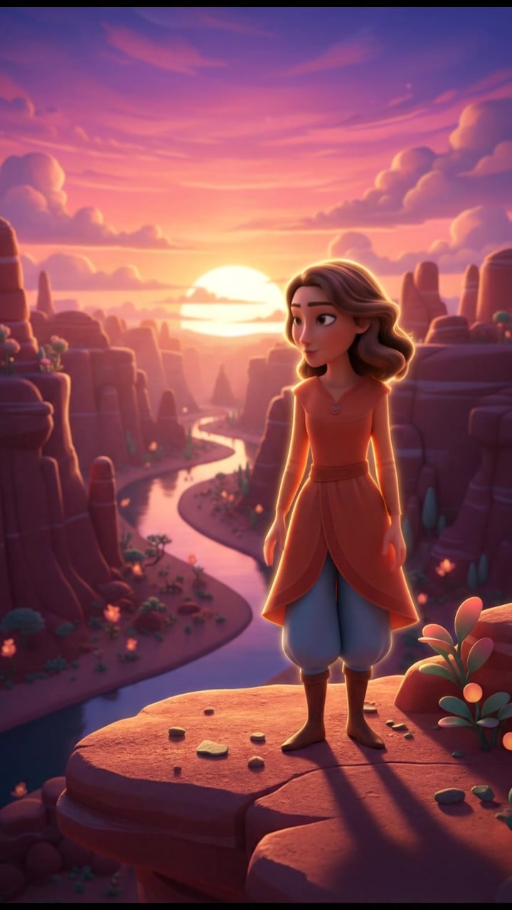 Leila standing with a thoughtful expression, looking at the horizon as the sun sets behind her.