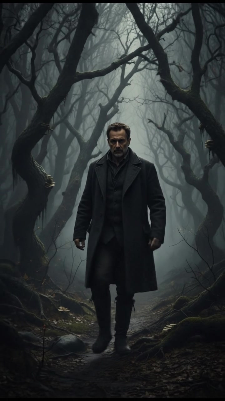 Omar walks through a fog-covered forest, with twisted trees and a dim, eerie atmosphere.