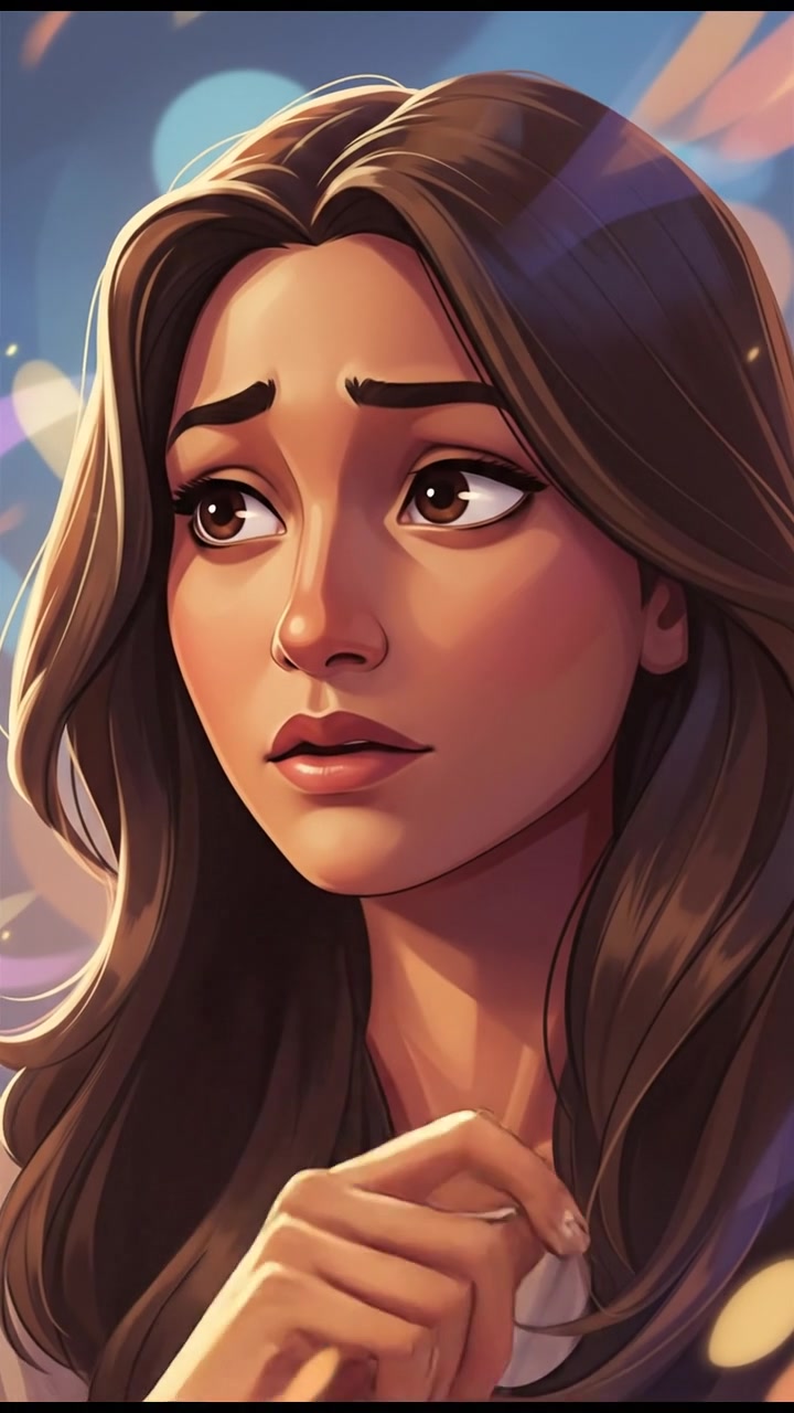 Close-up of Priya's face, looking contemplative as she thinks about how to express her feelings.