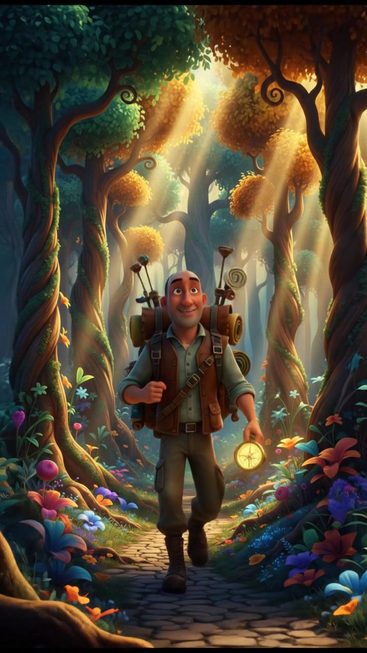 Carlos walking into a dense forest with tall trees and sunlight filtering through the leaves.