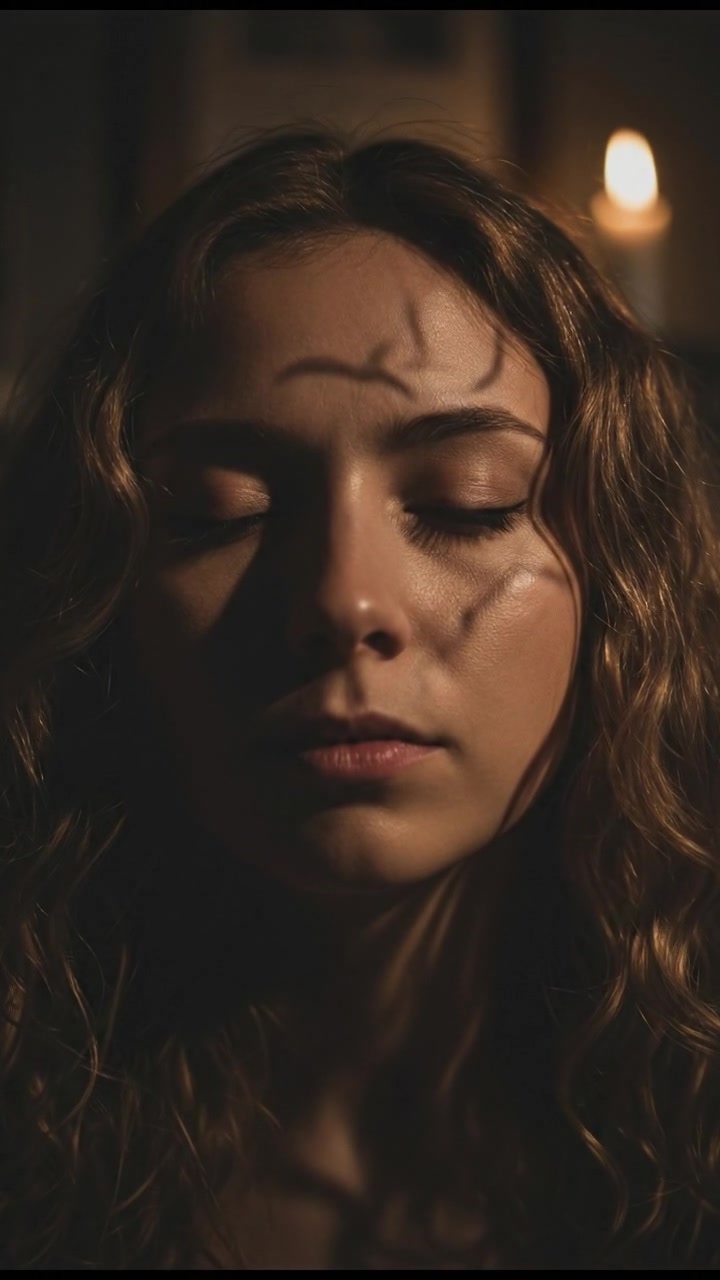 A close-up of Maya's face with her eyes closed, a serene atmosphere surrounding her.