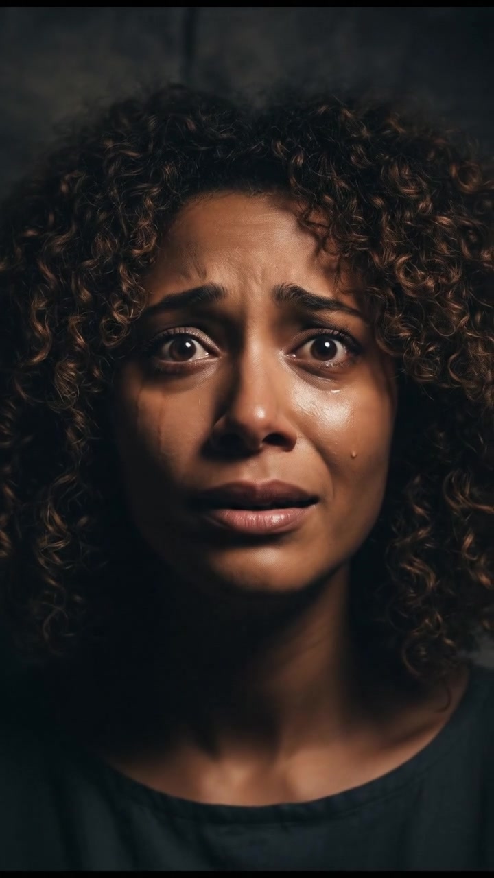 Close-up of the Nia with tears in her eyes, holding her hands together, pleading.