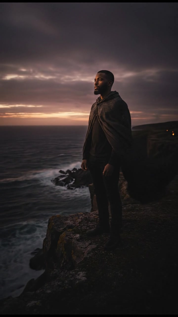 Isaiah stands on a windy cliff edge at dusk, gazing into the distance with the ocean below.