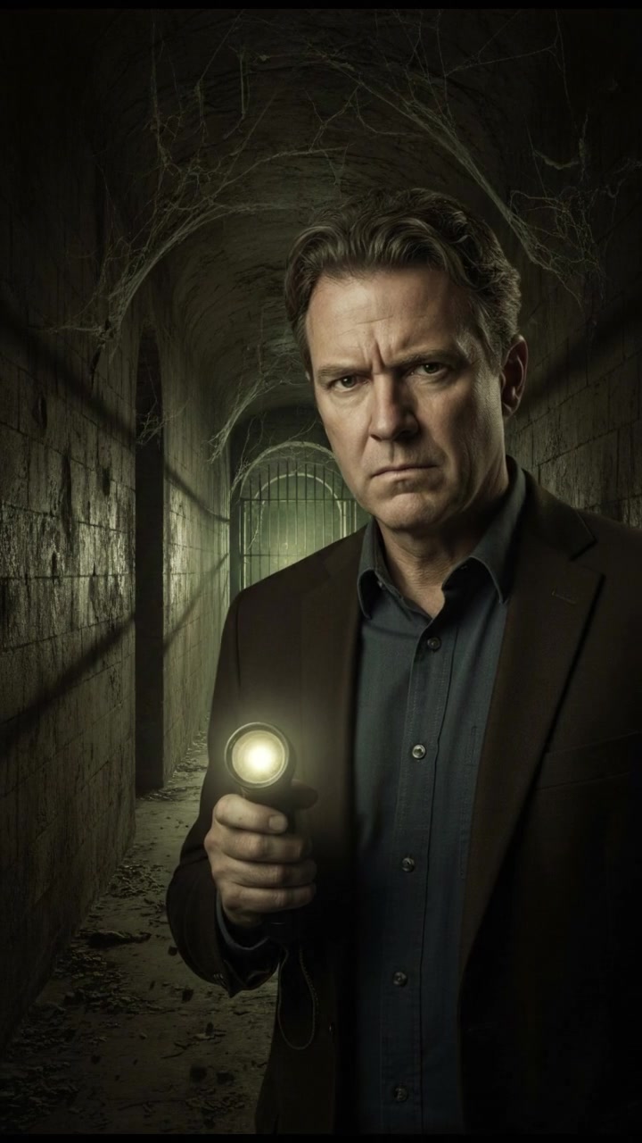 Mark looking frustrated, holding a flashlight in a dark corridor with a gloomy ambiance.