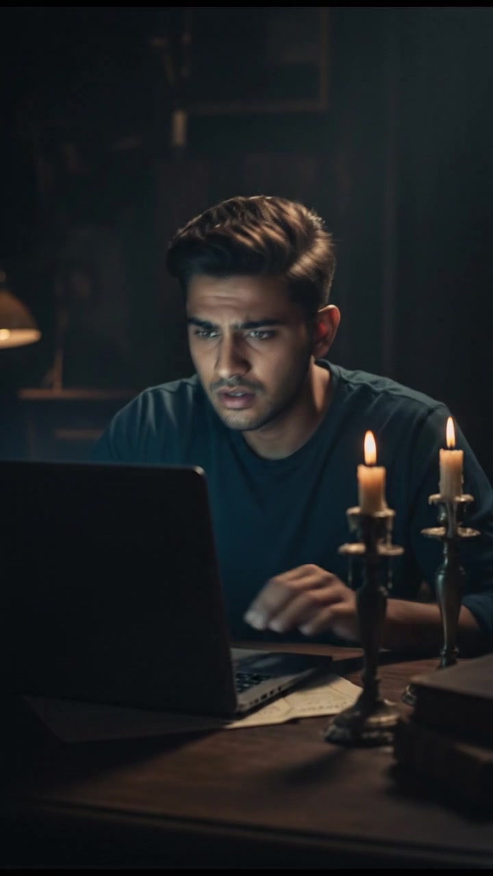 The Arjun sitting in front of the laptop, a worried expression on his face.