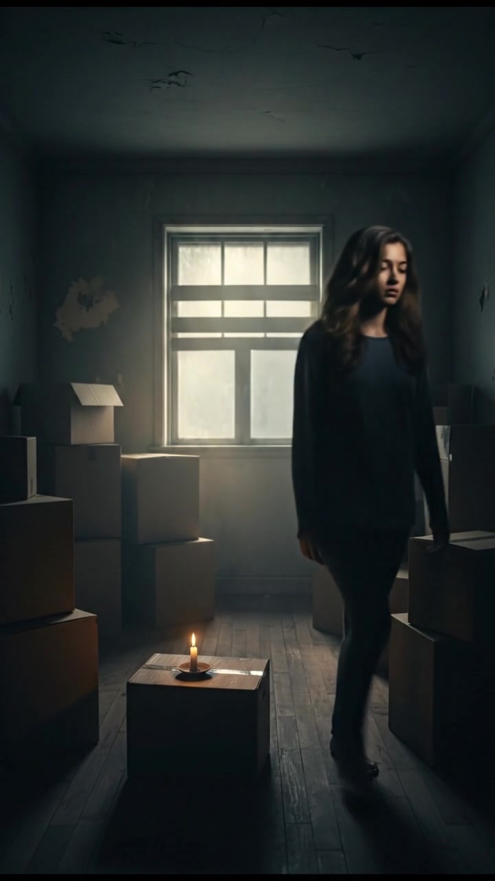 Priya, a young woman, standing in her new, modest room filled with boxes.